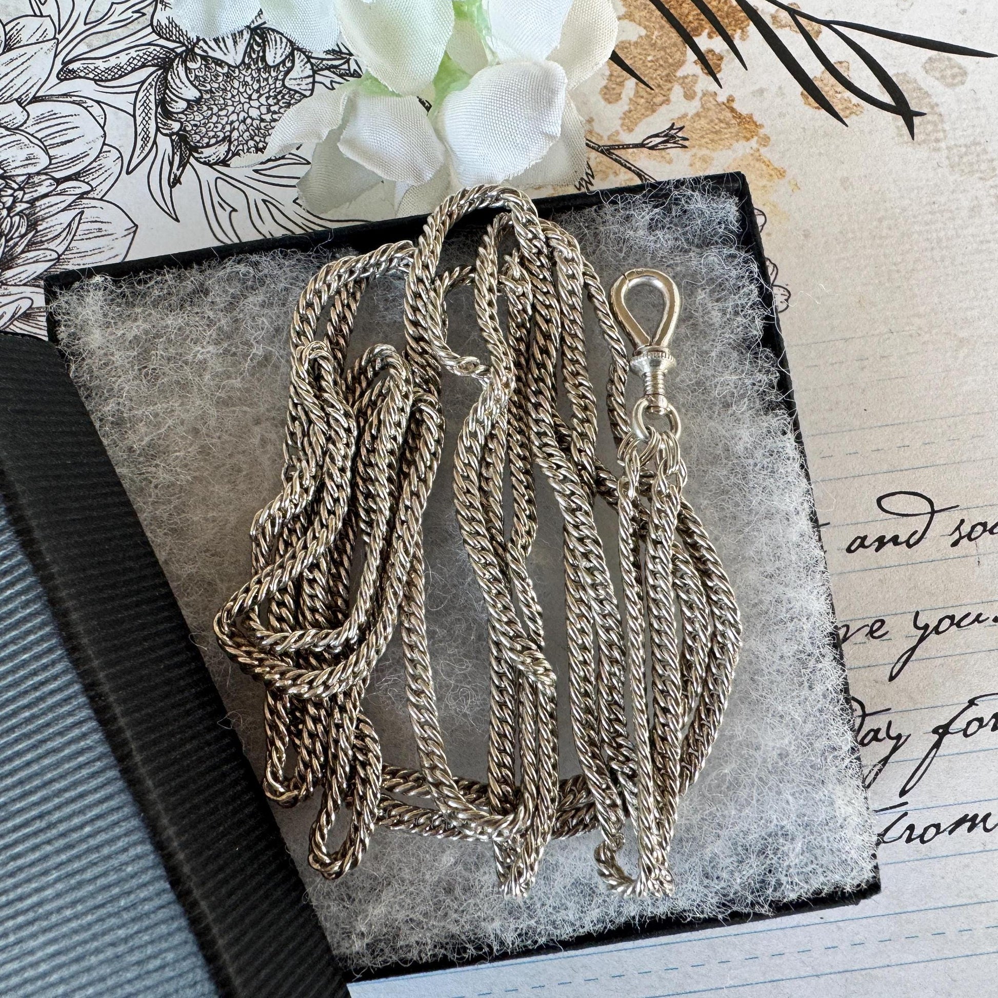 Antique Georgian Sterling Silver Guard Chain Necklace With Threaded Screw Swivel Clip. 52" Long Curb Chain Sautoir Necklace/Muff Chain