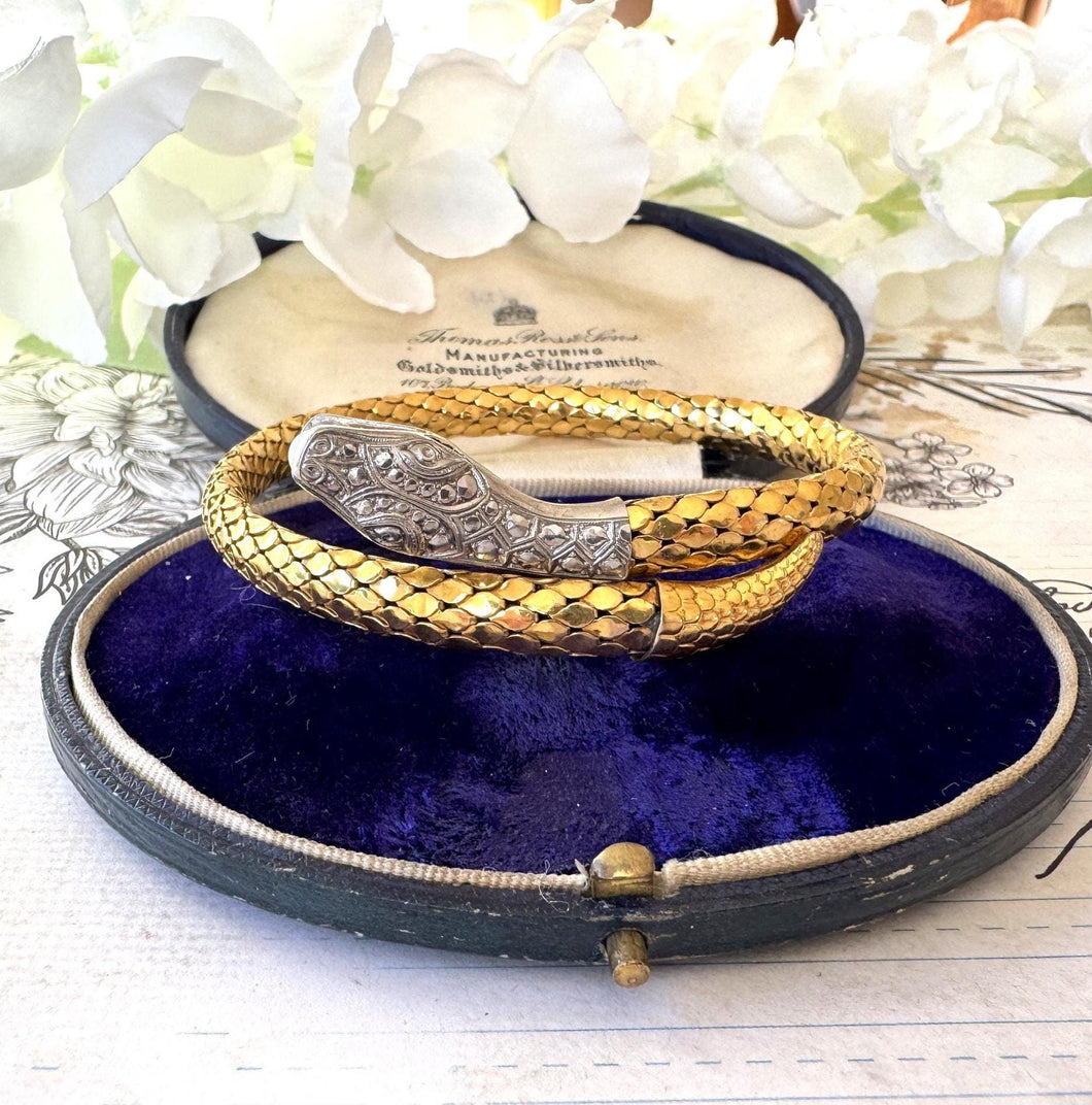 Antique Art Deco 14ct Rolled Gold Snake Bracelet, Kollmar & Jourdan, Germany. Yellow, White Gold Mesh Serpent Bangle. Love Token Jewellery