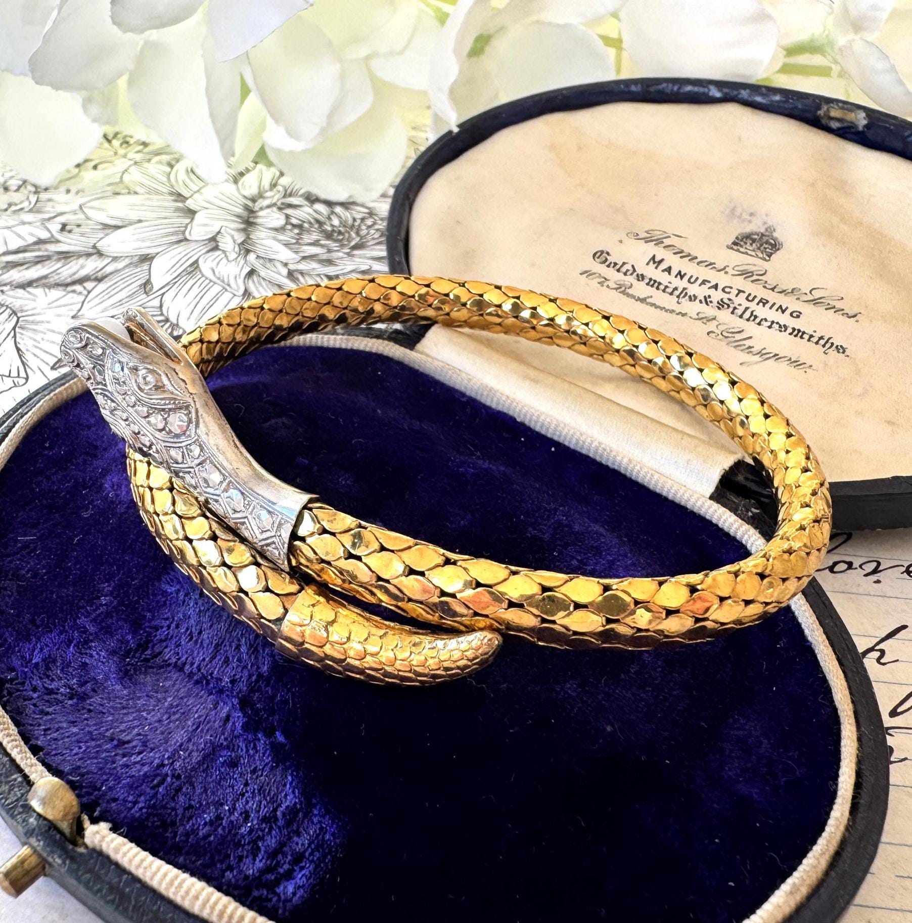 Antique Art Deco 14ct Rolled Gold Snake Bracelet, Kollmar & Jourdan, Germany. Yellow, White Gold Mesh Serpent Bangle. Love Token Jewellery