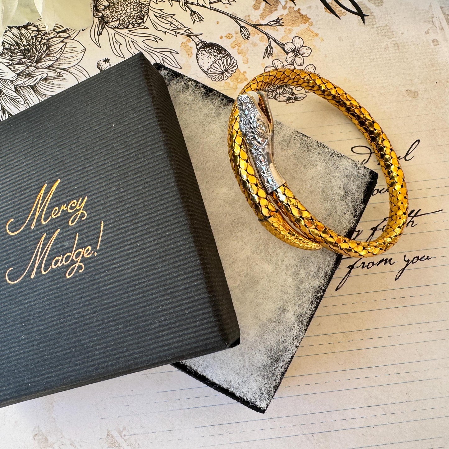 Antique Art Deco 14ct Rolled Gold Snake Bracelet, Kollmar & Jourdan, Germany. Yellow, White Gold Mesh Serpent Bangle. Love Token Jewellery