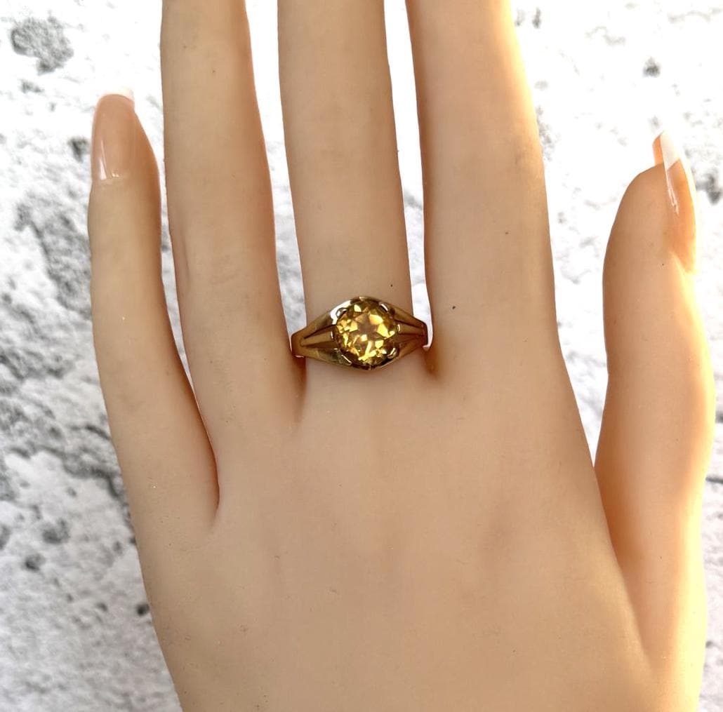 Vintage 9ct Yellow Gold Natural Citrine Ring. Fancy Cut Golden Citrine Retro Ring. 2.0ct Yellow Citrine Solitaire Ring Size M-1/2 / 6-1/2