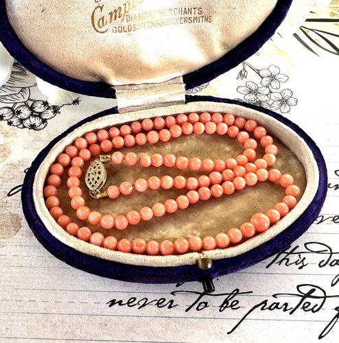 Vintage Natural Salmon Pink Coral Necklace, 14ct Gold Filled Filigree Fish Hook Clasp. Dainty 17-1/2