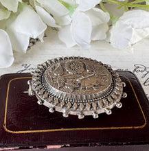 Load image into Gallery viewer, Antique Victorian Sterling Silver Locket Brooch With Photo Compartment. Oval Aesthetic Engraved Flower Bouquet Victorian Brooch/Lapel Pin
