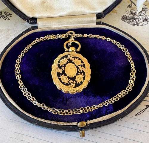 Antique Victorian 9ct Yellow Gold & Black Enamel Forget-Me-Not Mourning Pendant Locket With Optional Period Chain