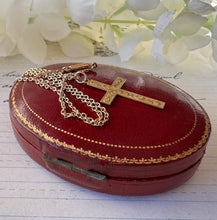 Cargar imagen en el visor de la galería, Antique Rolled Gold Engraved Fern Cross Pendant Necklace. Edwardian Yellow Gold Filled Engraved Acanthus Cross Pendant &amp; Period Chain
