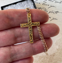 Cargar imagen en el visor de la galería, Antique Rolled Gold Engraved Fern Cross Pendant Necklace. Edwardian Yellow Gold Filled Engraved Acanthus Cross Pendant &amp; Period Chain
