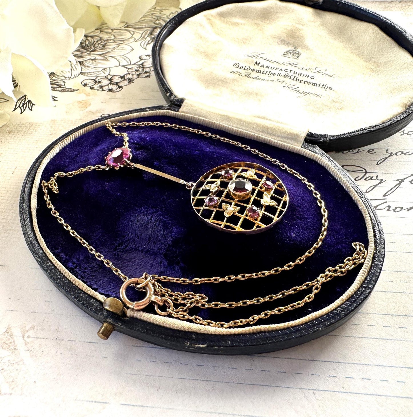 Antique 1.50ct Pink Ruby, Red Garnet & Pearl 9ct Gold Lariat/Lavalier Pendant Drop Necklace. Victorian/Edwardian Gold Gemstone Y-Necklace
