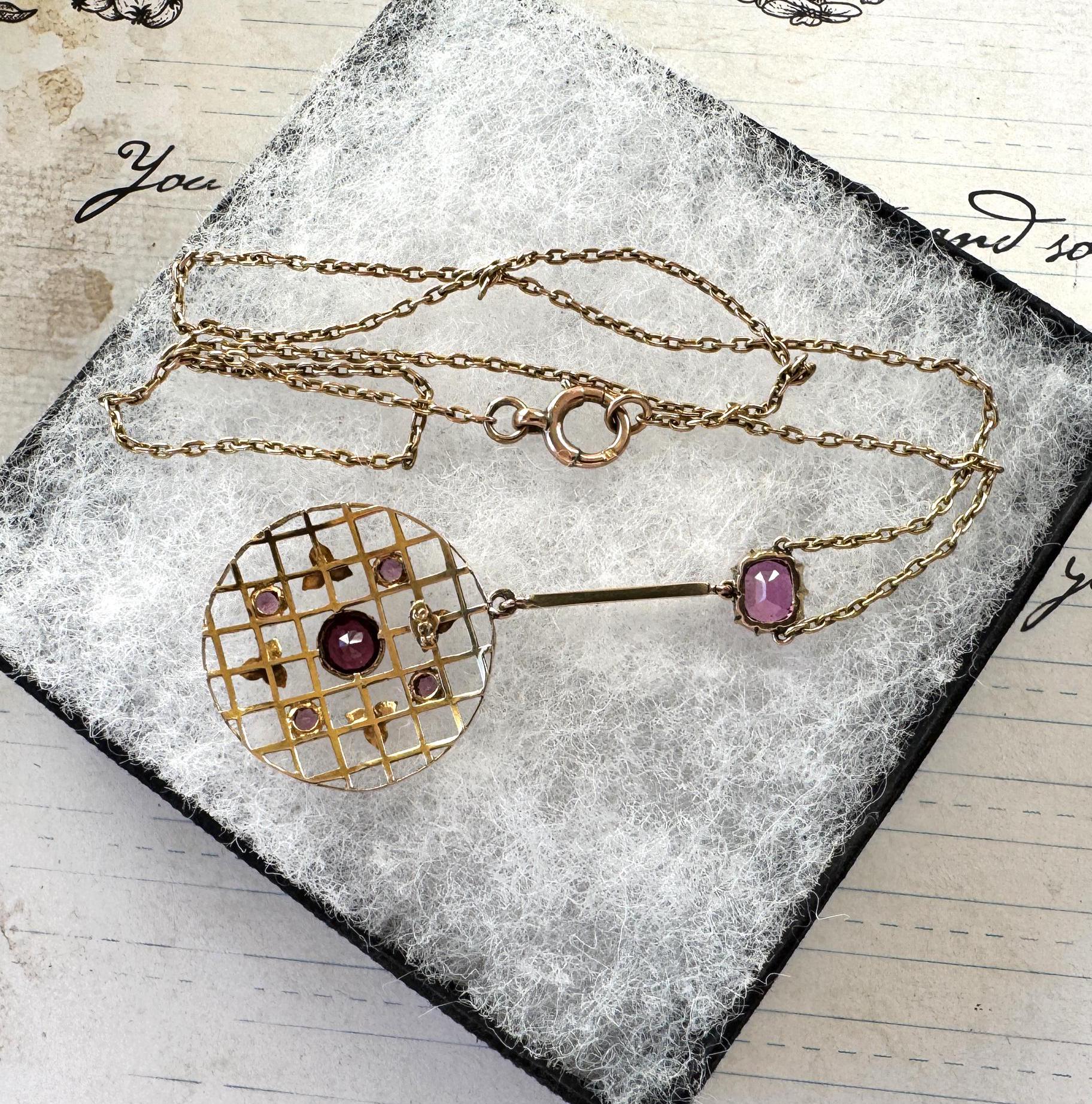 Antique 1.50ct Pink Ruby, Red Garnet & Pearl 9ct Gold Lariat/Lavalier Pendant Drop Necklace. Victorian/Edwardian Gold Gemstone Y-Necklace