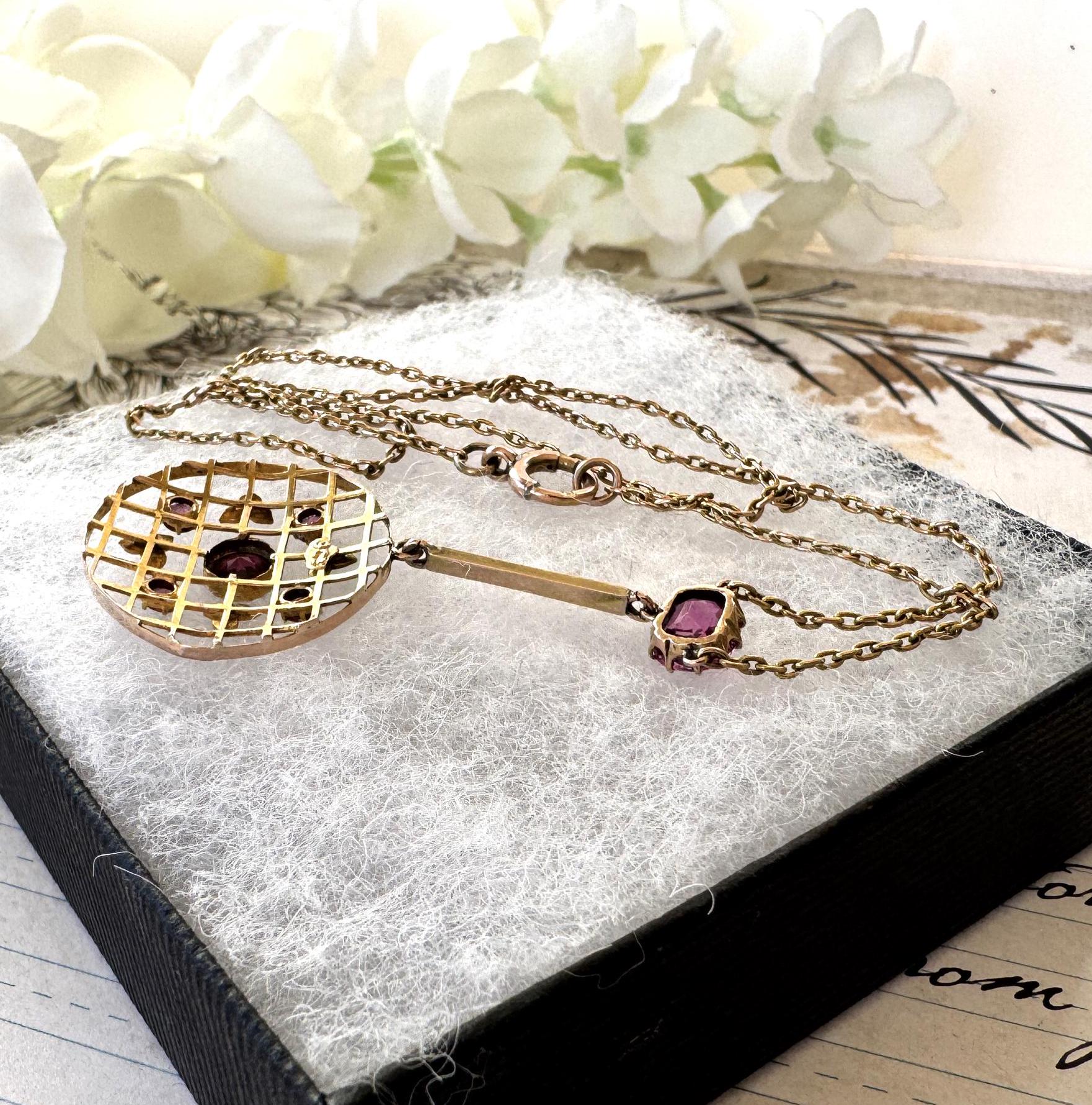 Antique 1.50ct Pink Ruby, Red Garnet & Pearl 9ct Gold Lariat/Lavalier Pendant Drop Necklace. Victorian/Edwardian Gold Gemstone Y-Necklace