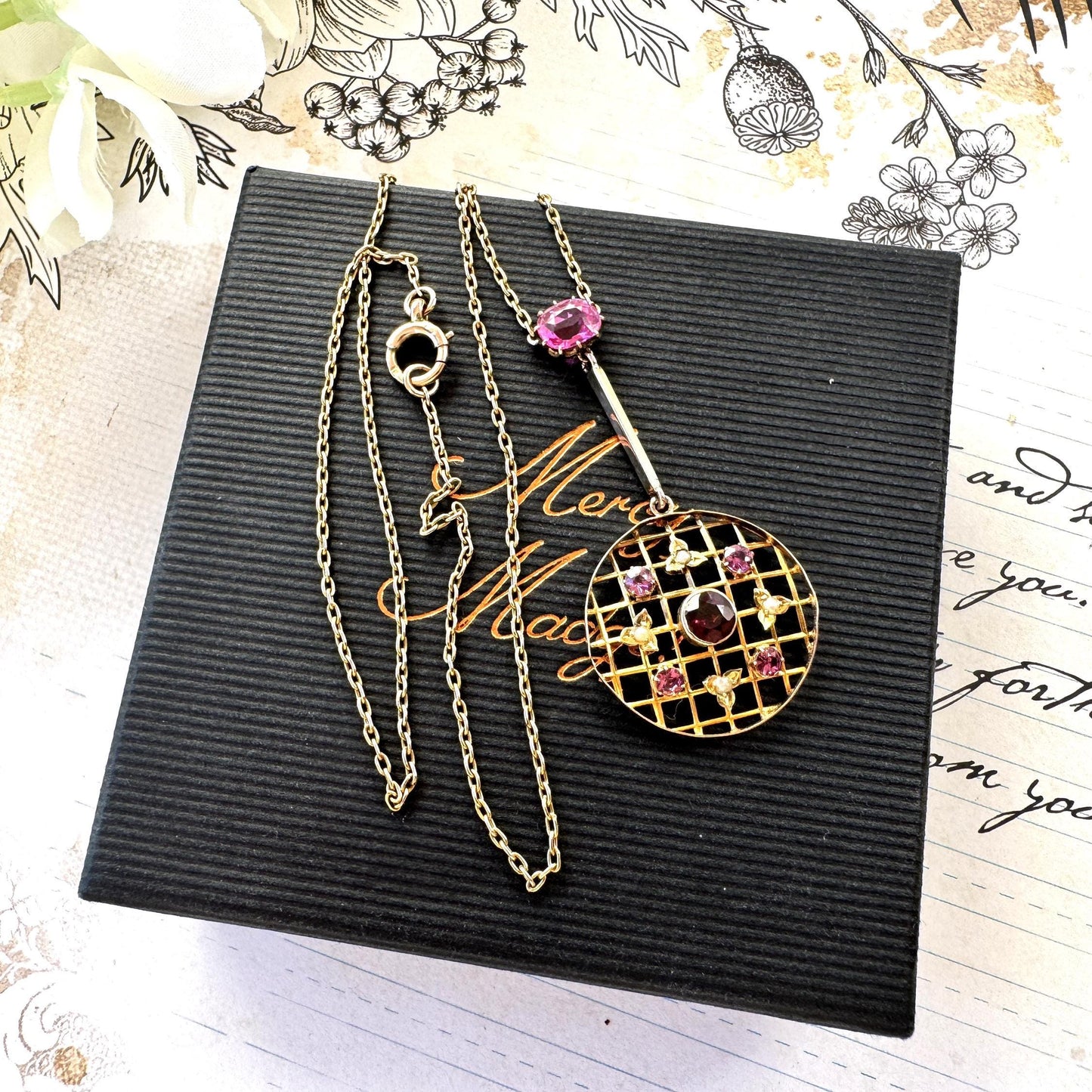 Antique 1.50ct Pink Ruby, Red Garnet & Pearl 9ct Gold Lariat/Lavalier Pendant Drop Necklace. Victorian/Edwardian Gold Gemstone Y-Necklace