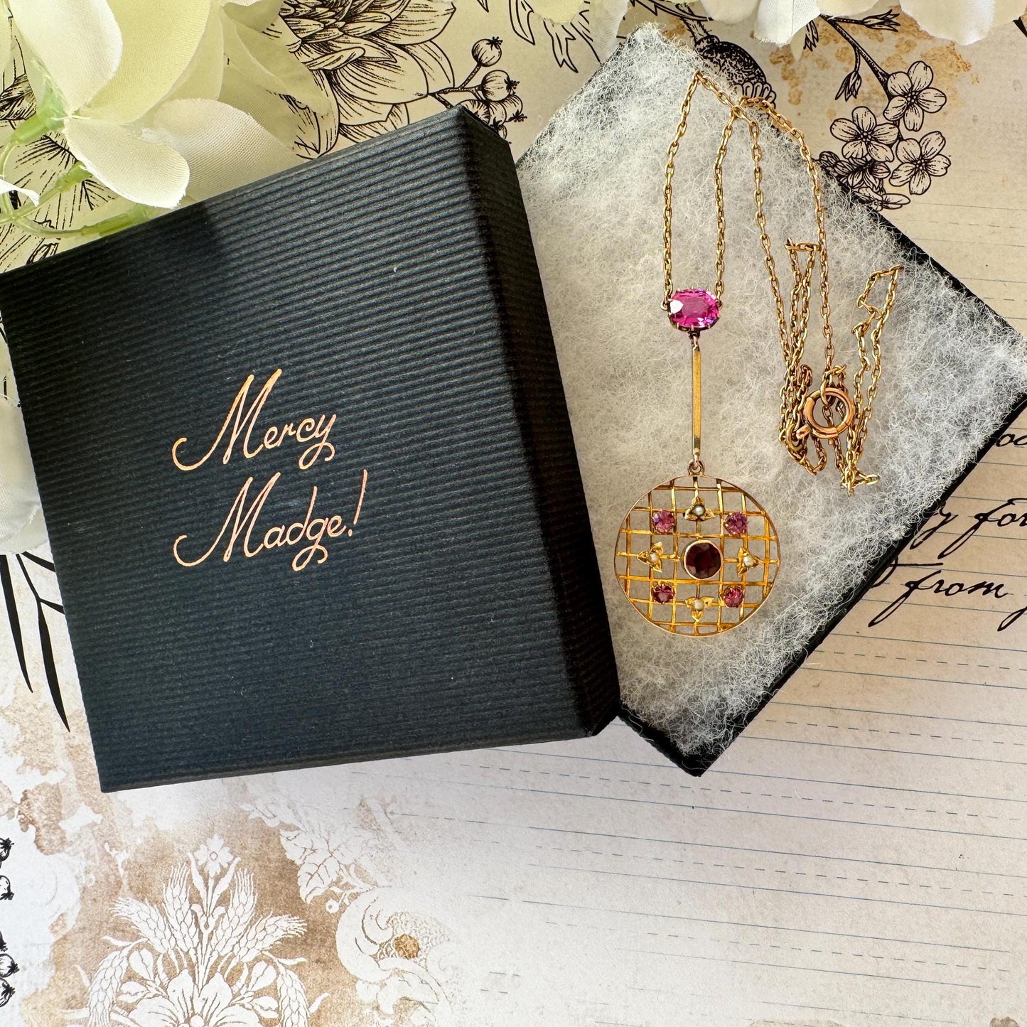 Antique 1.50ct Pink Ruby, Red Garnet & Pearl 9ct Gold Lariat/Lavalier Pendant Drop Necklace. Victorian/Edwardian Gold Gemstone Y-Necklace