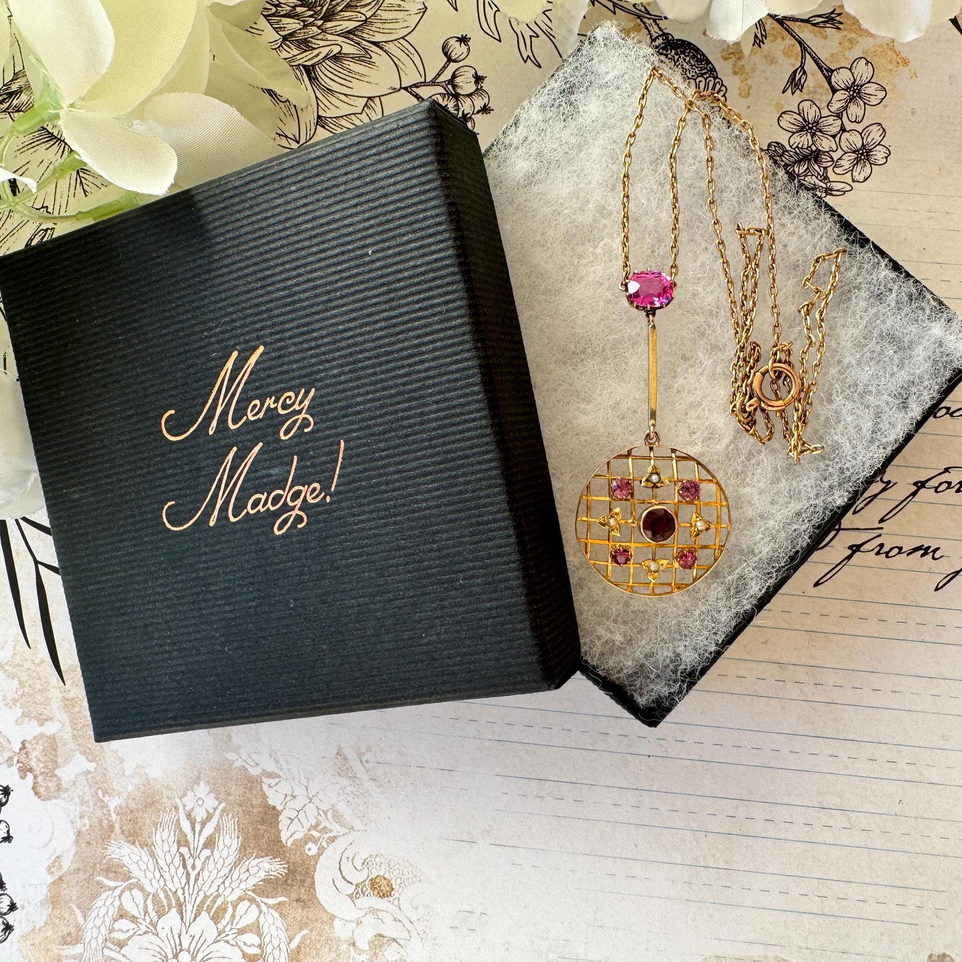 Antique 1.50ct Pink Ruby, Red Garnet & Pearl 9ct Gold Lariat/Lavalier Pendant Drop Necklace. Victorian/Edwardian Gold Gemstone Y-Necklace