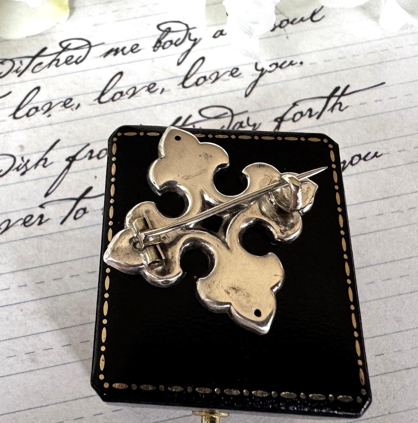 Victorian Sterling Silver Bottony Cross Brooch. Antique Renaissance Engraved Stock/Lapel/Cravat Pin. Small Medieval Heraldic Cross Brooch