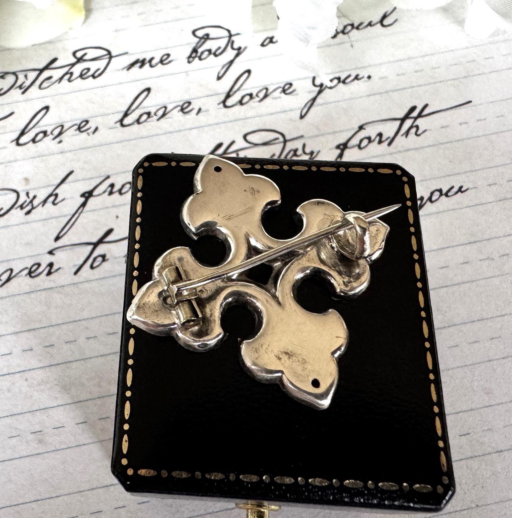 Victorian Sterling Silver Bottony Cross Brooch. Antique Renaissance Engraved Stock/Lapel/Cravat Pin. Small Medieval Heraldic Cross Brooch