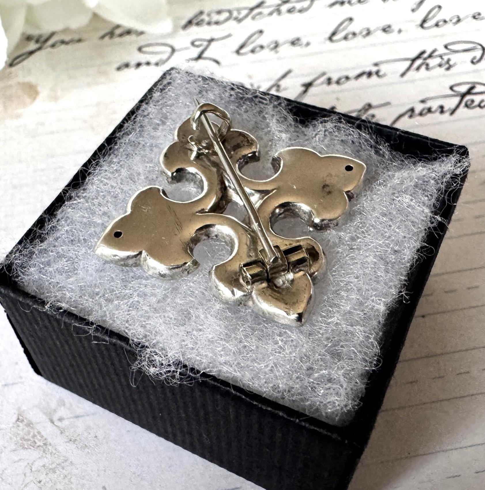 Victorian Sterling Silver Bottony Cross Brooch. Antique Renaissance Engraved Stock/Lapel/Cravat Pin. Small Medieval Heraldic Cross Brooch