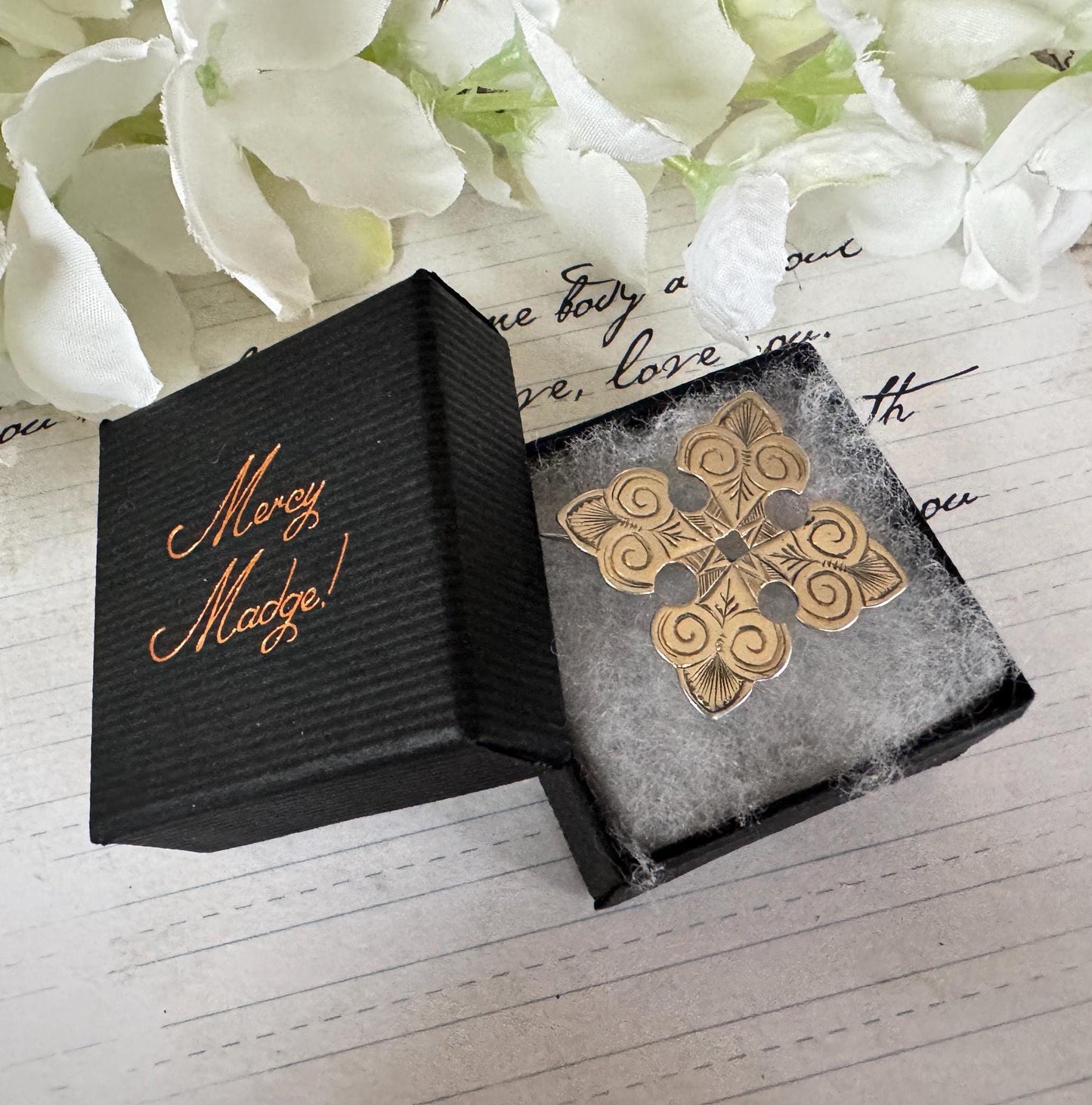 Victorian Sterling Silver Bottony Cross Brooch. Antique Renaissance Engraved Stock/Lapel/Cravat Pin. Small Medieval Heraldic Cross Brooch