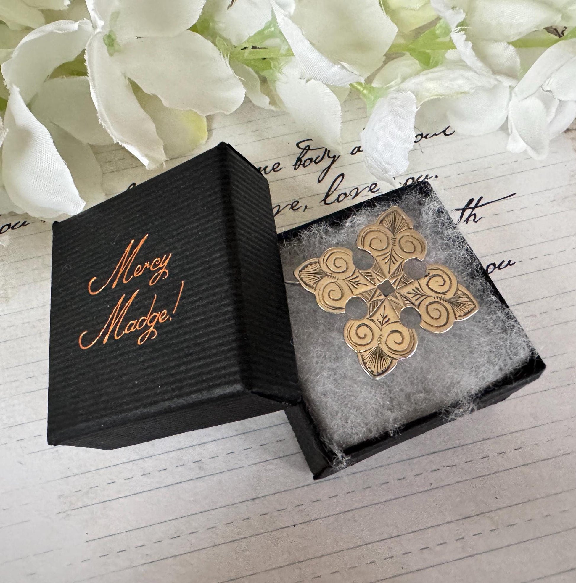 Victorian Sterling Silver Bottony Cross Brooch. Antique Renaissance Engraved Stock/Lapel/Cravat Pin. Small Medieval Heraldic Cross Brooch