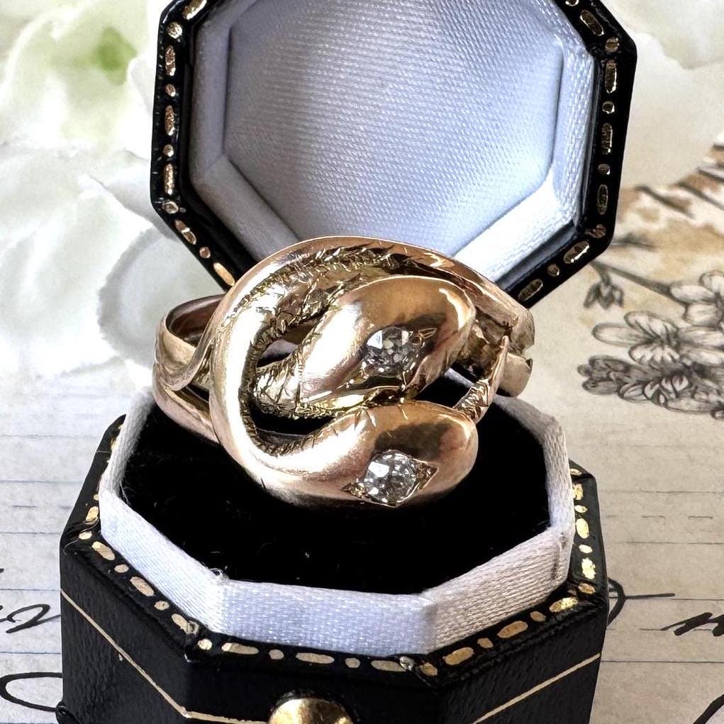 Antique Victorian 15ct Gold Diamond Snake Ring. Double Snake Wrap Yellow Gold & Old Cut Diamond Ring. Romantic Love Token Eternity Ring