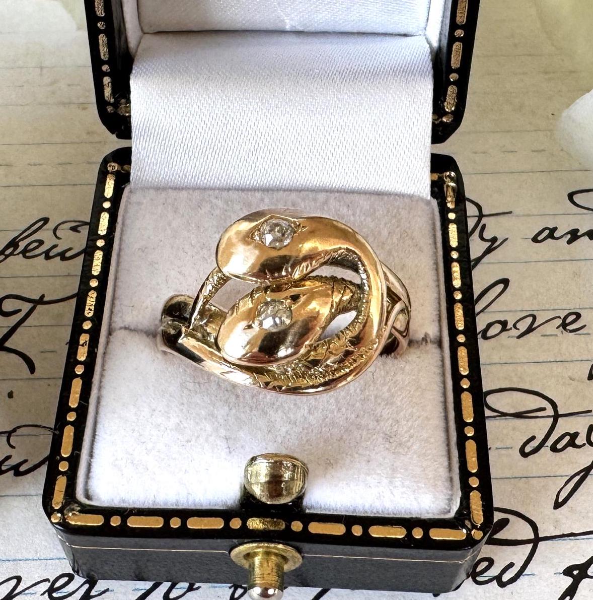 Antique Victorian 15ct Gold Diamond Snake Ring. Double Snake Wrap Yellow Gold & Old Cut Diamond Ring. Romantic Love Token Eternity Ring