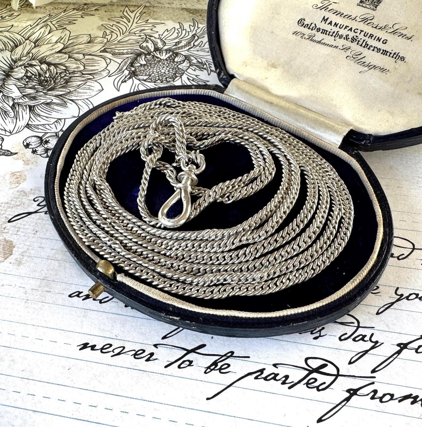 Antique Georgian Sterling Silver Guard Chain Necklace With Threaded Screw Swivel Clip. 52" Long Curb Chain Sautoir Necklace/Muff Chain
