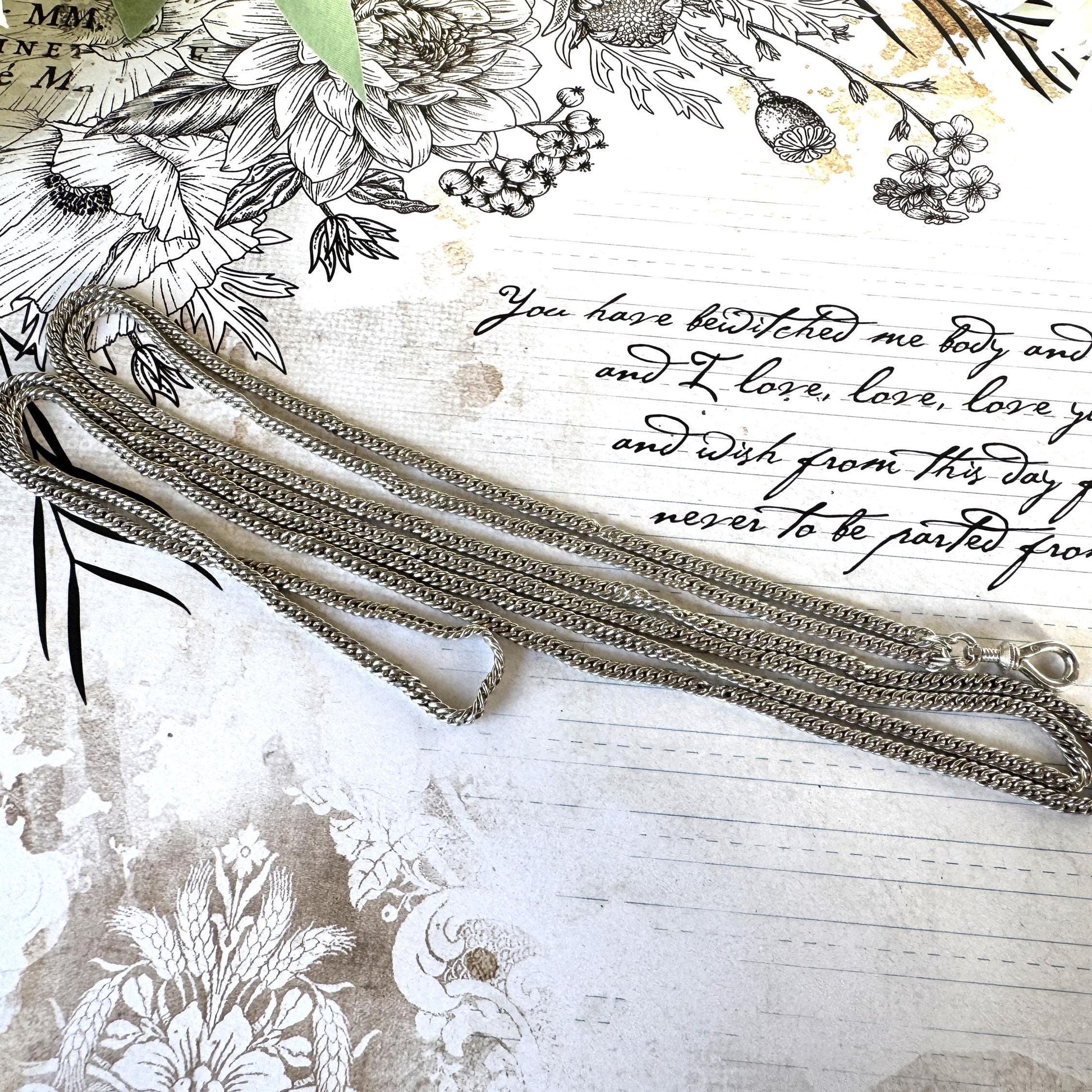 Antique Georgian Sterling Silver Guard Chain Necklace With Threaded Screw Swivel Clip. 52" Long Curb Chain Sautoir Necklace/Muff Chain