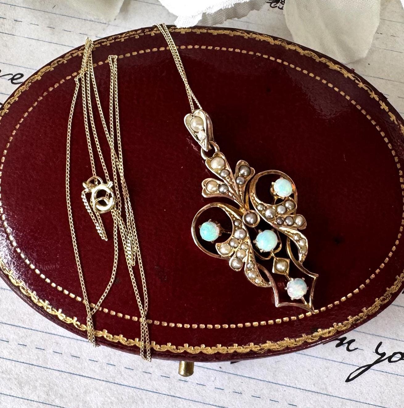 Antique Art Nouveau 9ct Gold Opal & Seed Pearl Pendant. Victorian/Edwardian Rosy Yellow Gold Opal Pendant With Optional Gold Chain