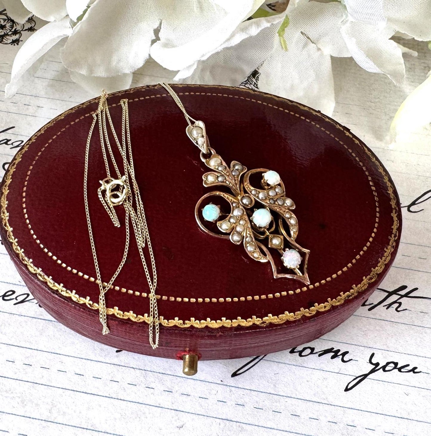 Antique Art Nouveau 9ct Gold Opal & Seed Pearl Pendant. Victorian/Edwardian Rosy Yellow Gold Opal Pendant With Optional Gold Chain