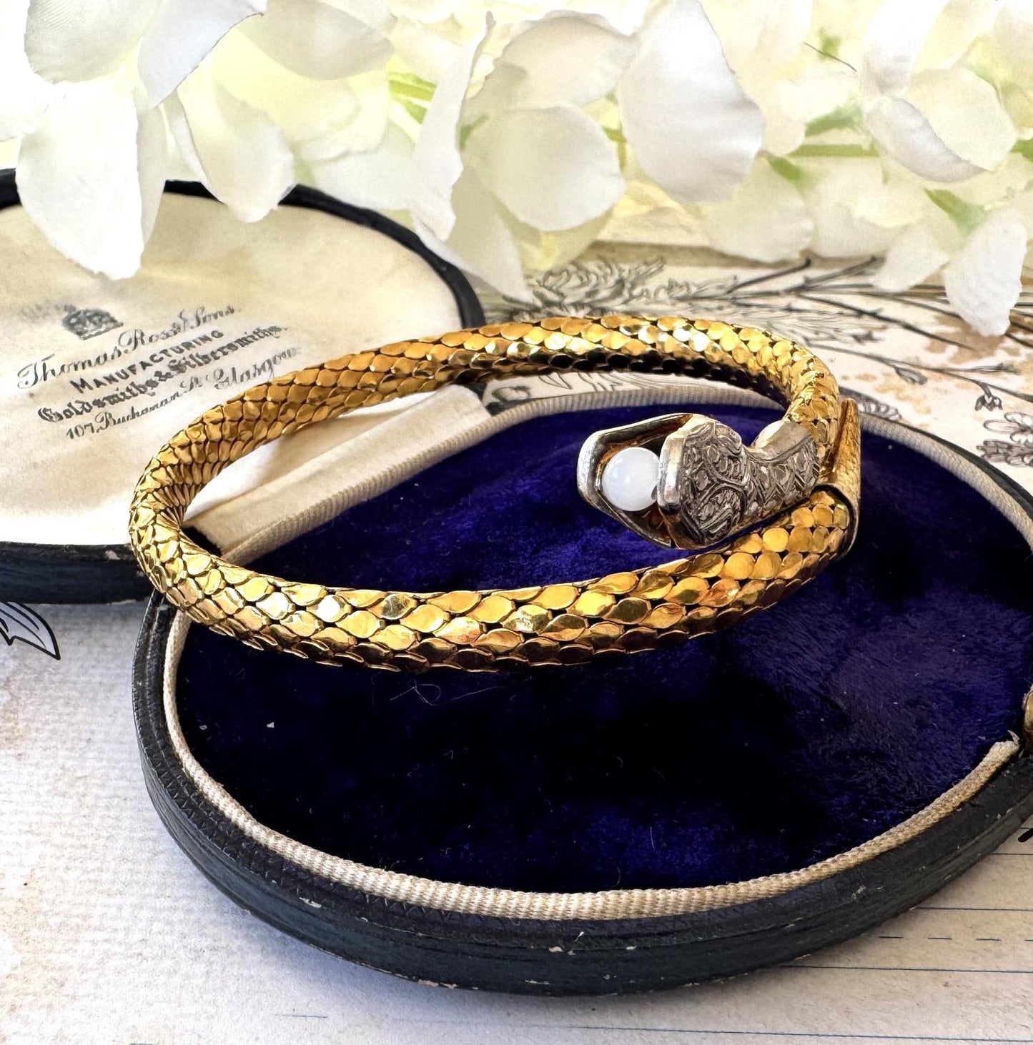 Antique Art Deco 14ct Rolled Gold Snake Bracelet, Kollmar & Jourdan, Germany. Yellow, White Gold Mesh Serpent Bangle. Love Token Jewellery