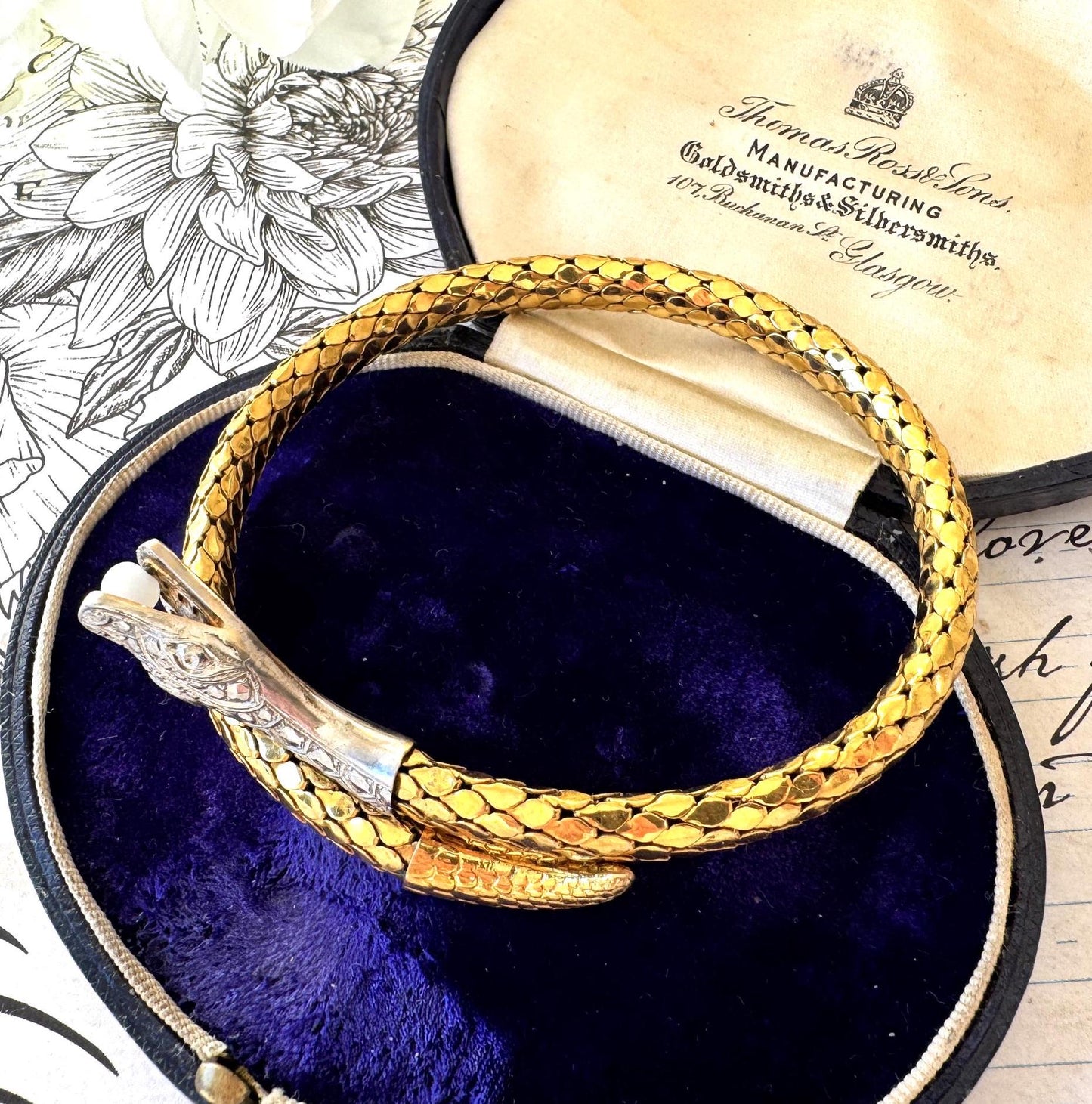 Antique Art Deco 14ct Rolled Gold Snake Bracelet, Kollmar & Jourdan, Germany. Yellow, White Gold Mesh Serpent Bangle. Love Token Jewellery