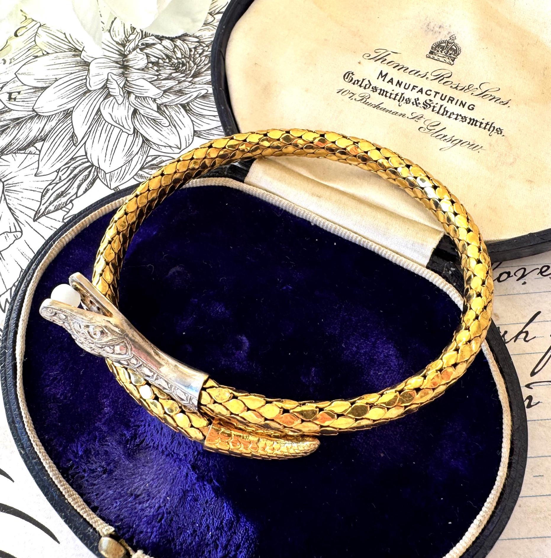 Antique Art Deco 14ct Rolled Gold Snake Bracelet, Kollmar & Jourdan, Germany. Yellow, White Gold Mesh Serpent Bangle. Love Token Jewellery