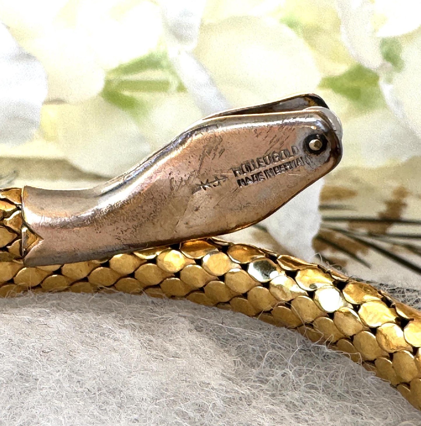 Antique Art Deco 14ct Rolled Gold Snake Bracelet, Kollmar & Jourdan, Germany. Yellow, White Gold Mesh Serpent Bangle. Love Token Jewellery