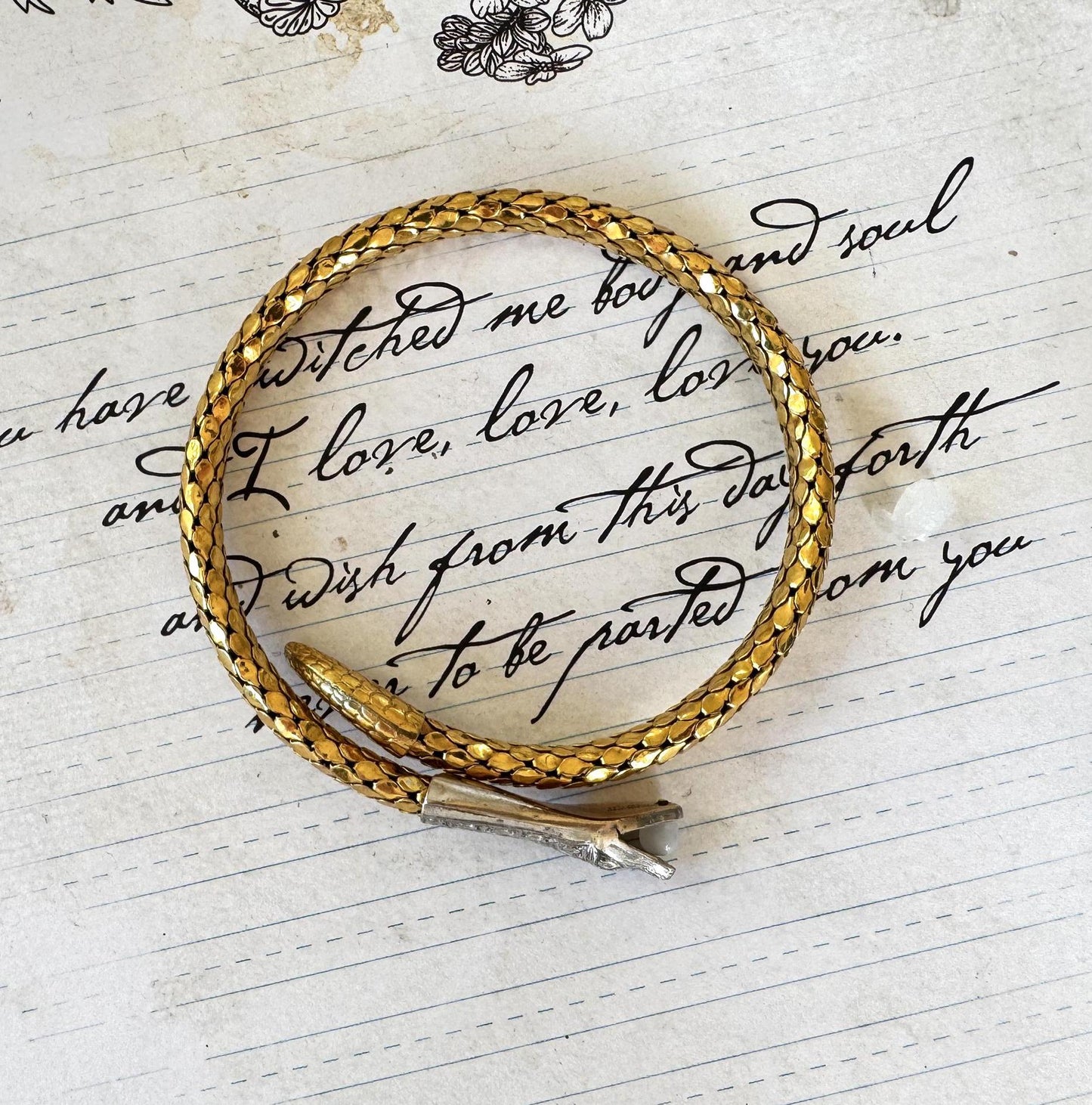 Antique Art Deco 14ct Rolled Gold Snake Bracelet, Kollmar & Jourdan, Germany. Yellow, White Gold Mesh Serpent Bangle. Love Token Jewellery