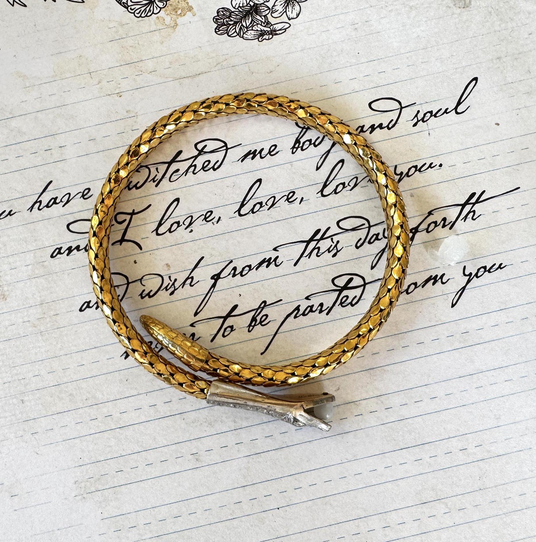Antique Art Deco 14ct Rolled Gold Snake Bracelet, Kollmar & Jourdan, Germany. Yellow, White Gold Mesh Serpent Bangle. Love Token Jewellery