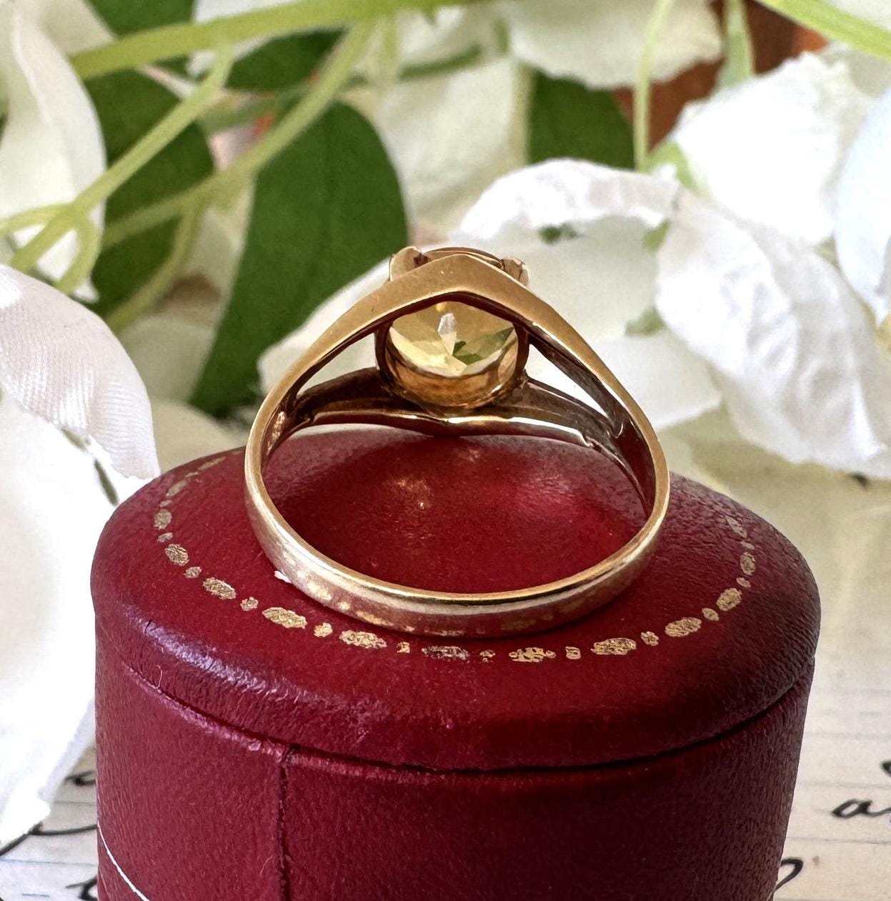 Vintage 9ct Yellow Gold Natural Citrine Ring. Fancy Cut Golden Citrine Retro Ring. 2.0ct Yellow Citrine Solitaire Ring Size M-1/2 / 6-1/2
