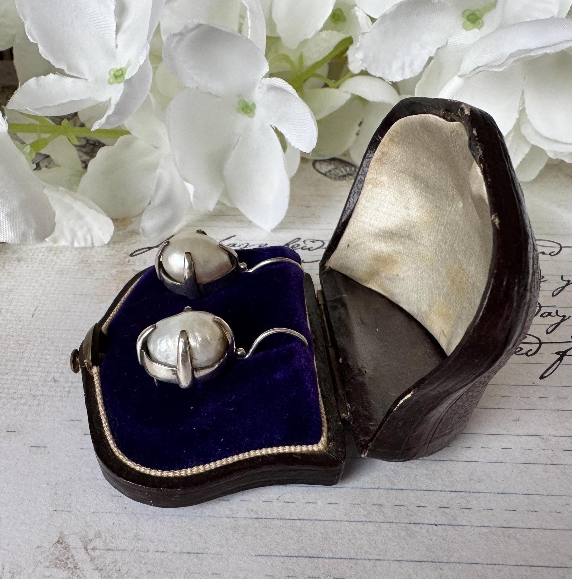 Victorian Silver Wild Baroque Pearl Drop Earrings - Original Antique Fitted Box