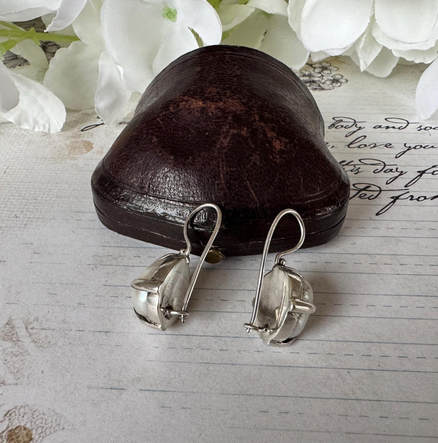 Victorian Silver Wild Baroque Pearl Drop Earrings - Original Antique Fitted Box