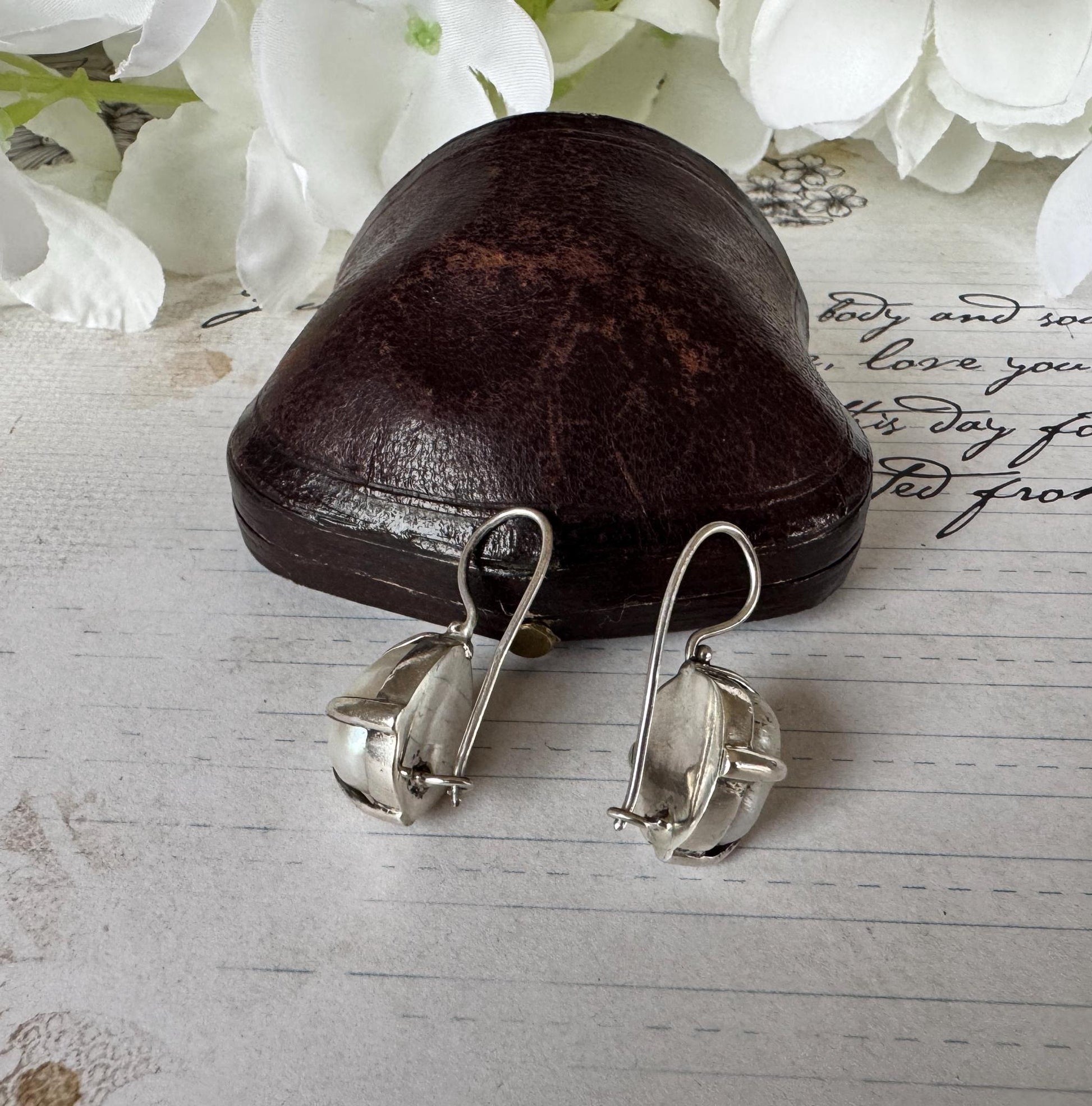 Victorian Silver Wild Baroque Pearl Drop Earrings - Original Antique Fitted Box