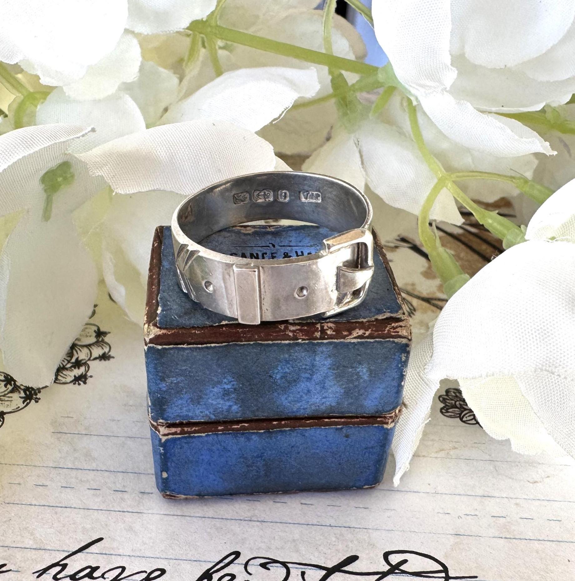 Antique Victorian Sterling Silver Buckle Ring In Original Box