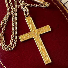 Cargar imagen en el visor de la galería, Antique Rolled Gold Engraved Fern Cross Pendant Necklace. Edwardian Yellow Gold Filled Engraved Acanthus Cross Pendant &amp; Period Chain
