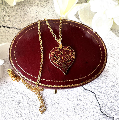 Vintage Gold Red Enamel Love Heart Pendant Necklace. Old Islamic World Niello Pendant & 18ct GF Chain. Metropolitan Museum Of Art Jewellery