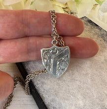 Load image into Gallery viewer, Antique Heart Shaped Shield Sterling Silver Locket &amp; Chain. Victorian/Edwardian 2-Photo Silver Locket Necklace, Hallmarked Birmingham 1905
