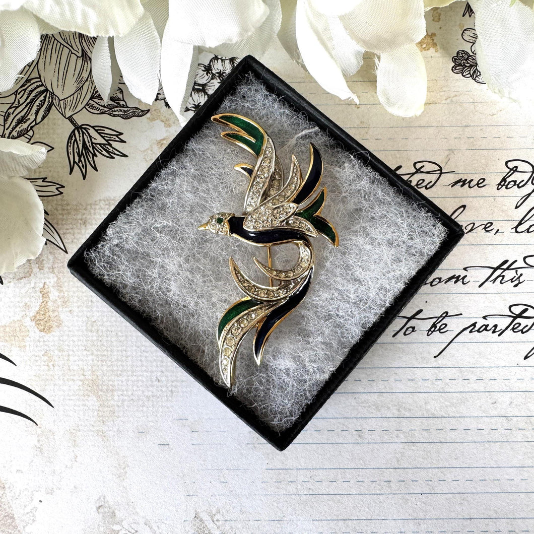 Vintage 1980's Attwood & Sawyer Crystal and Enamel 22ct Gold Plated Bird of Paradise Brooch