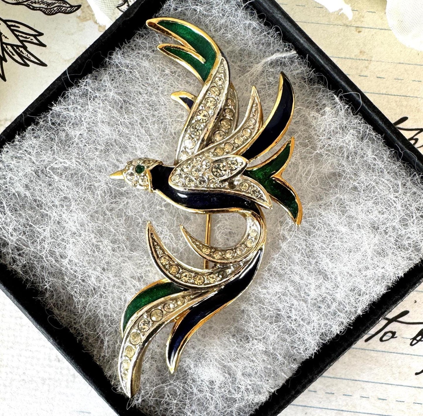 Vintage 1980's Attwood & Sawyer Crystal and Enamel 22ct Gold Plated Bird of Paradise Brooch