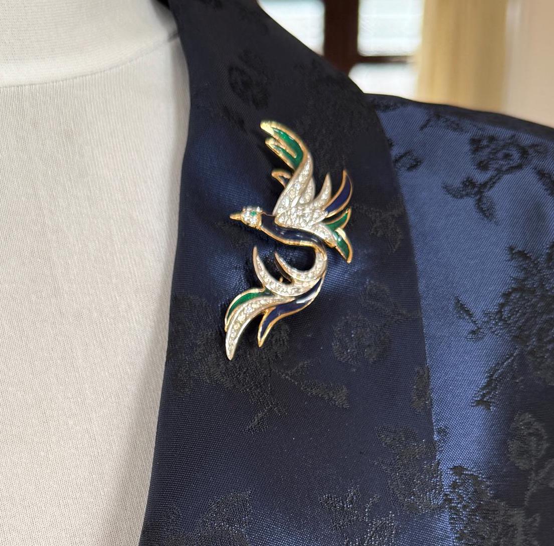 Vintage 1980's Attwood & Sawyer Crystal and Enamel 22ct Gold Plated Bird of Paradise Brooch