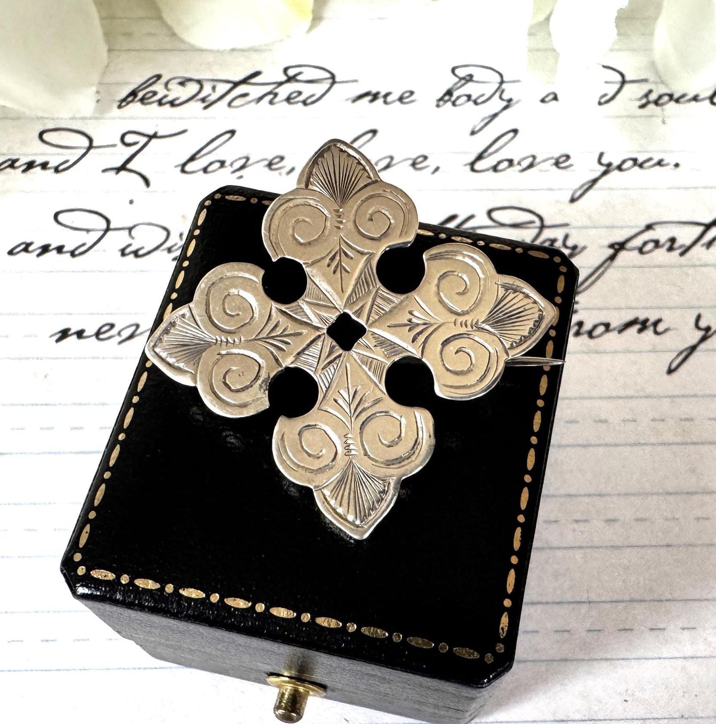 Victorian Sterling Silver Bottony Cross Brooch. Antique Renaissance Engraved Stock/Lapel/Cravat Pin. Small Medieval Heraldic Cross Brooch