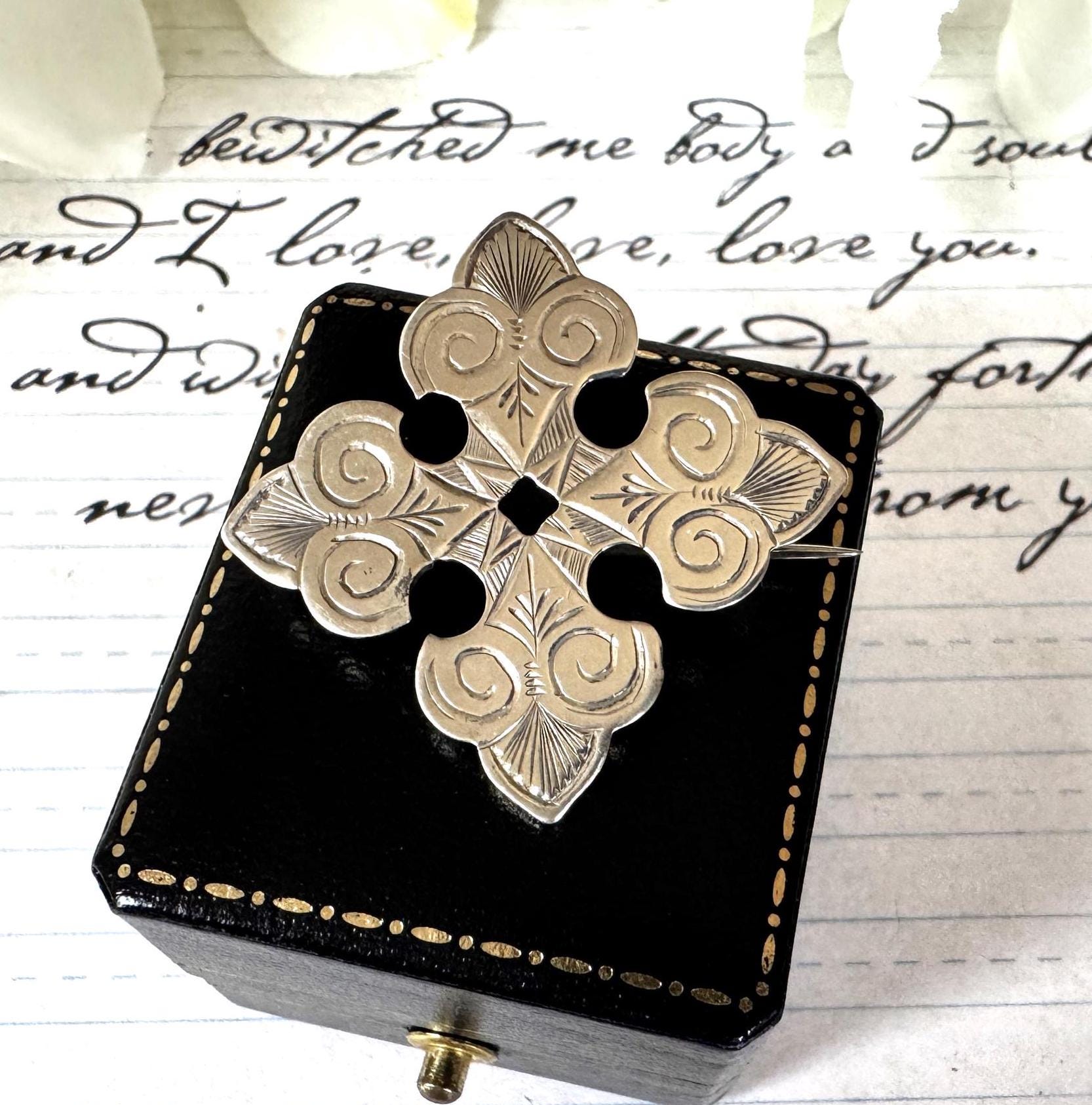 Victorian Sterling Silver Bottony Cross Brooch. Antique Renaissance Engraved Stock/Lapel/Cravat Pin. Small Medieval Heraldic Cross Brooch