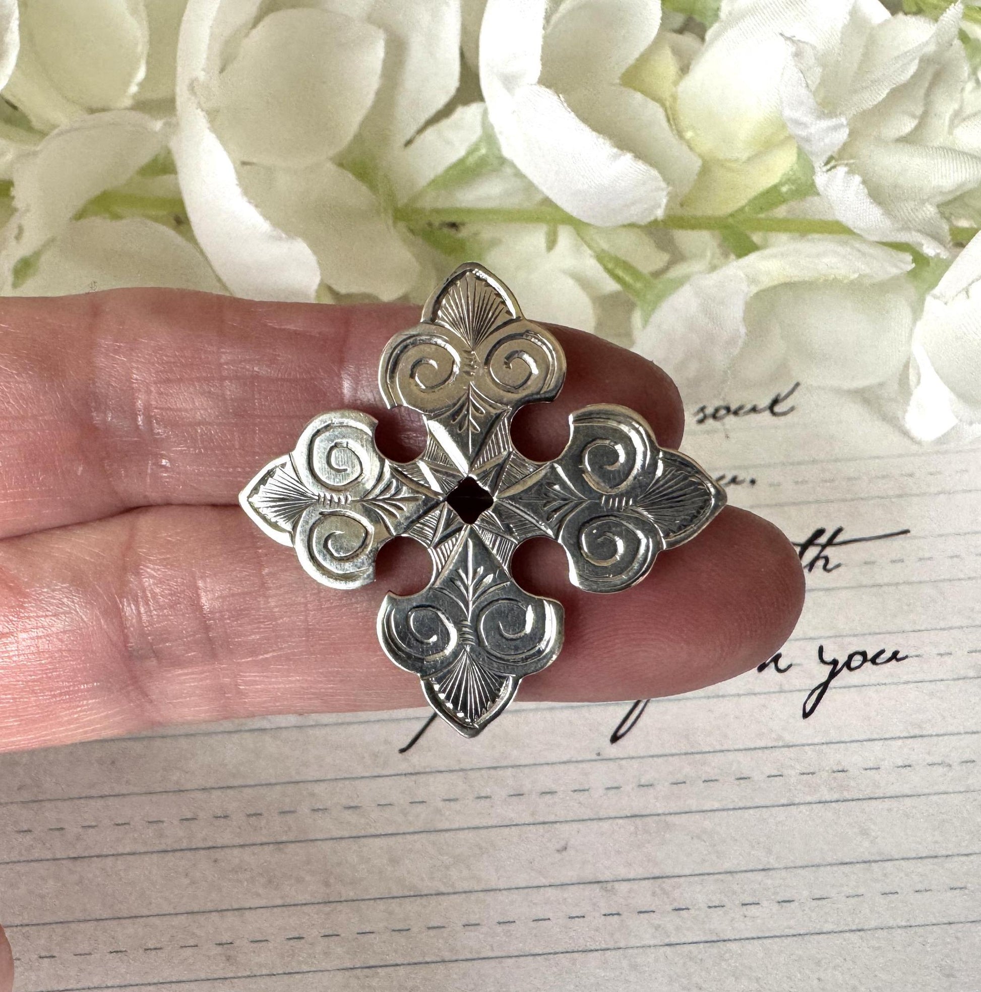 Victorian Sterling Silver Bottony Cross Brooch. Antique Renaissance Engraved Stock/Lapel/Cravat Pin. Small Medieval Heraldic Cross Brooch