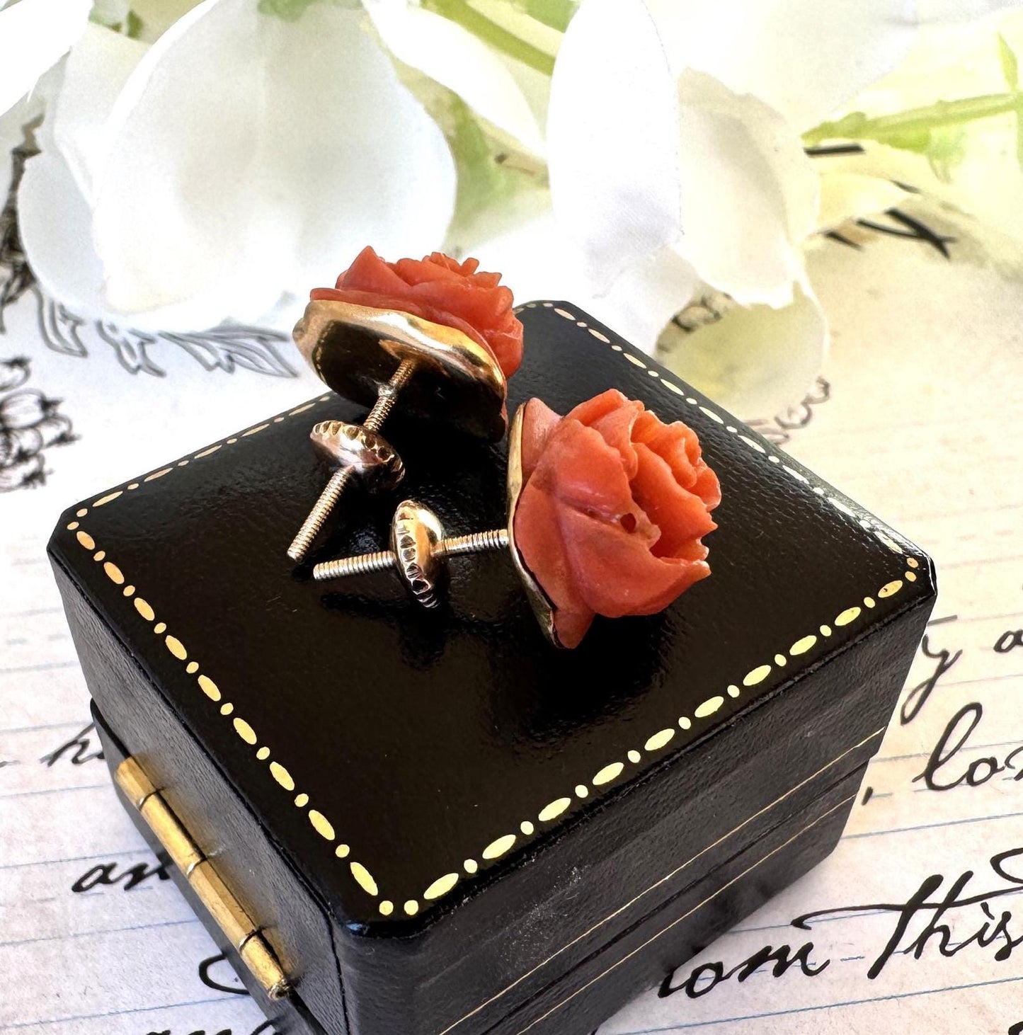 Vintage 18ct Gold Red Coral Carved Rose Earrings