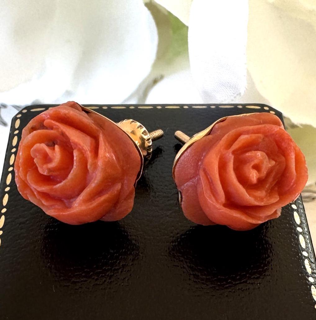 Vintage 18ct Gold Red Coral Carved Rose Earrings