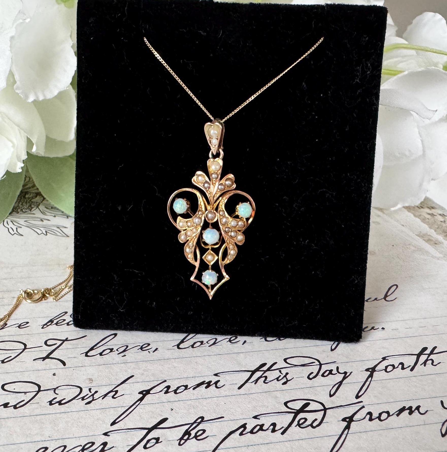Antique Art Nouveau 9ct Gold Opal & Seed Pearl Pendant. Victorian/Edwardian Rosy Yellow Gold Opal Pendant With Optional Gold Chain